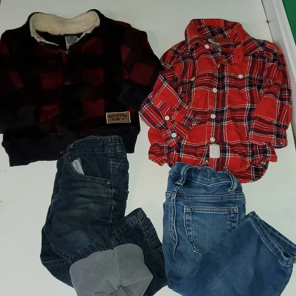 Boys 18mo plaid and jean bundle 2 sets warm clothes.
